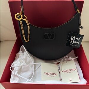 Valentino Garavani VLOGO Mini Black Leather Hobo Women's Bag Gold Chain